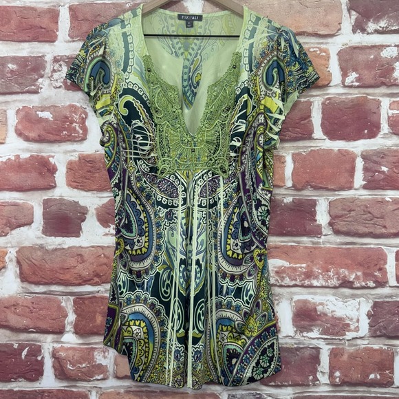 Roz And Ali Tops - Roz & Ali Top Womens XL Green Multicolor Boho Floral Abstract Casual Tunic Shirt